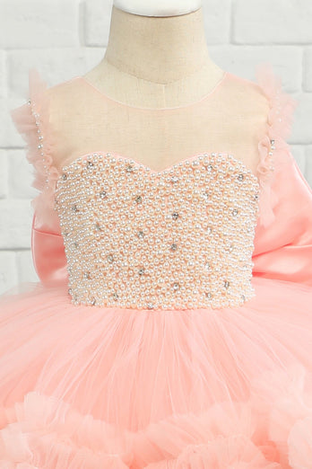 Pink Beading Tulle Flower Girl Dress con fiocco