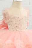 Pink Beading Tulle Flower Girl Dress con fiocco