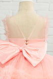 Pink Beading Tulle Flower Girl Dress con fiocco