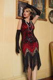 Red & Black Glitter Fringe 1920s Flapper Abito