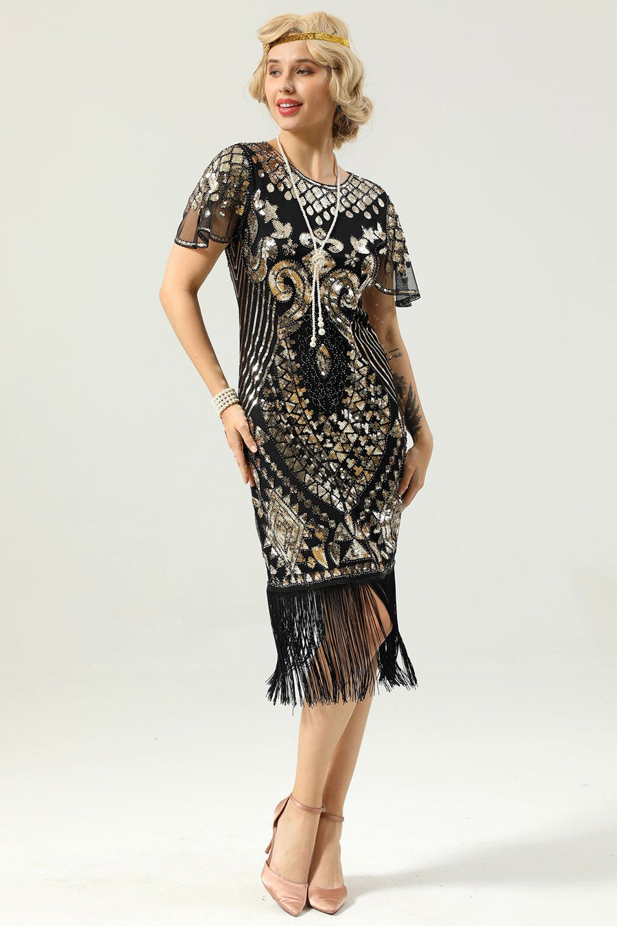 Abito Glitter Oro Con Paillettes – Vintage Midi Bodycon, Girocollo, Maniche Lunghe Per Feste E Capodanno