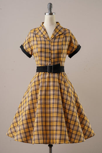 Giallo Plaid Vestito 1950 Vintage