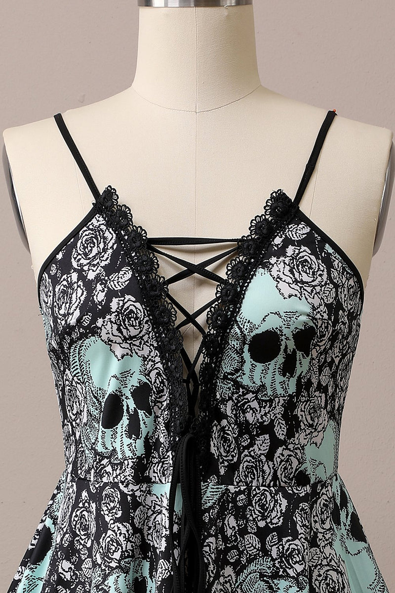 Carica l&#39;immagine nel visualizzatore di Gallery, Verde Vestito cranio ha stampato Allacciare Halloween Festa