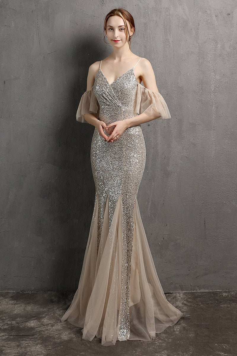 Carica l&#39;immagine nel visualizzatore di Gallery, Champagne Paillettes Long Prom Dress con volant