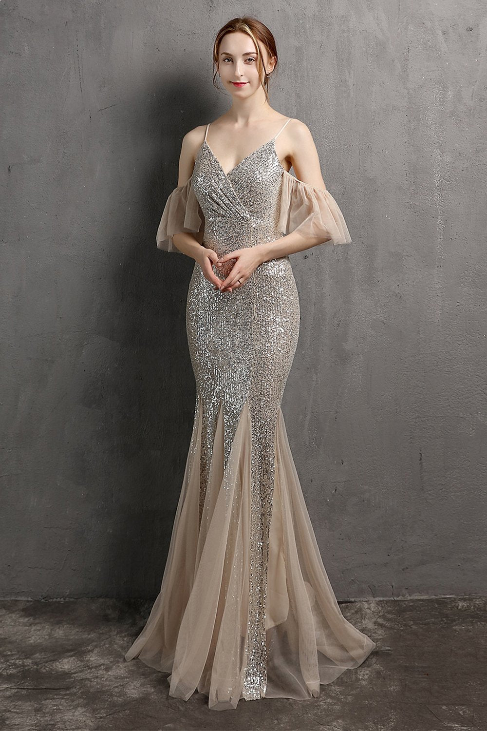 Champagne Paillettes Long Prom Dress con volant