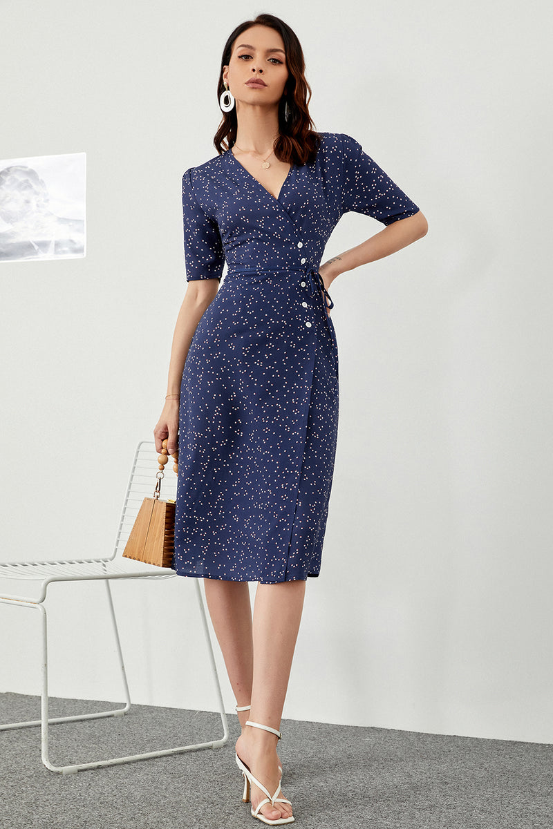 Carica l&#39;immagine nel visualizzatore di Gallery, Navy Polka Dots Midi Summer Wrap Dress
