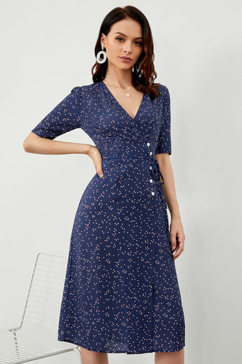 Navy Polka Dots Midi Summer Wrap Dress