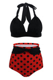 Polka Dot Pleated Halter Bikini