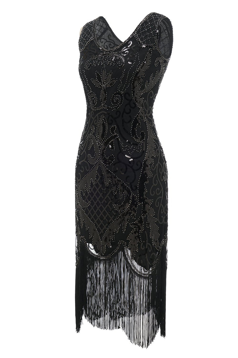 Carica l&#39;immagine nel visualizzatore di Gallery, Abito nero con scollo a V Fringe Sequins 1920s
