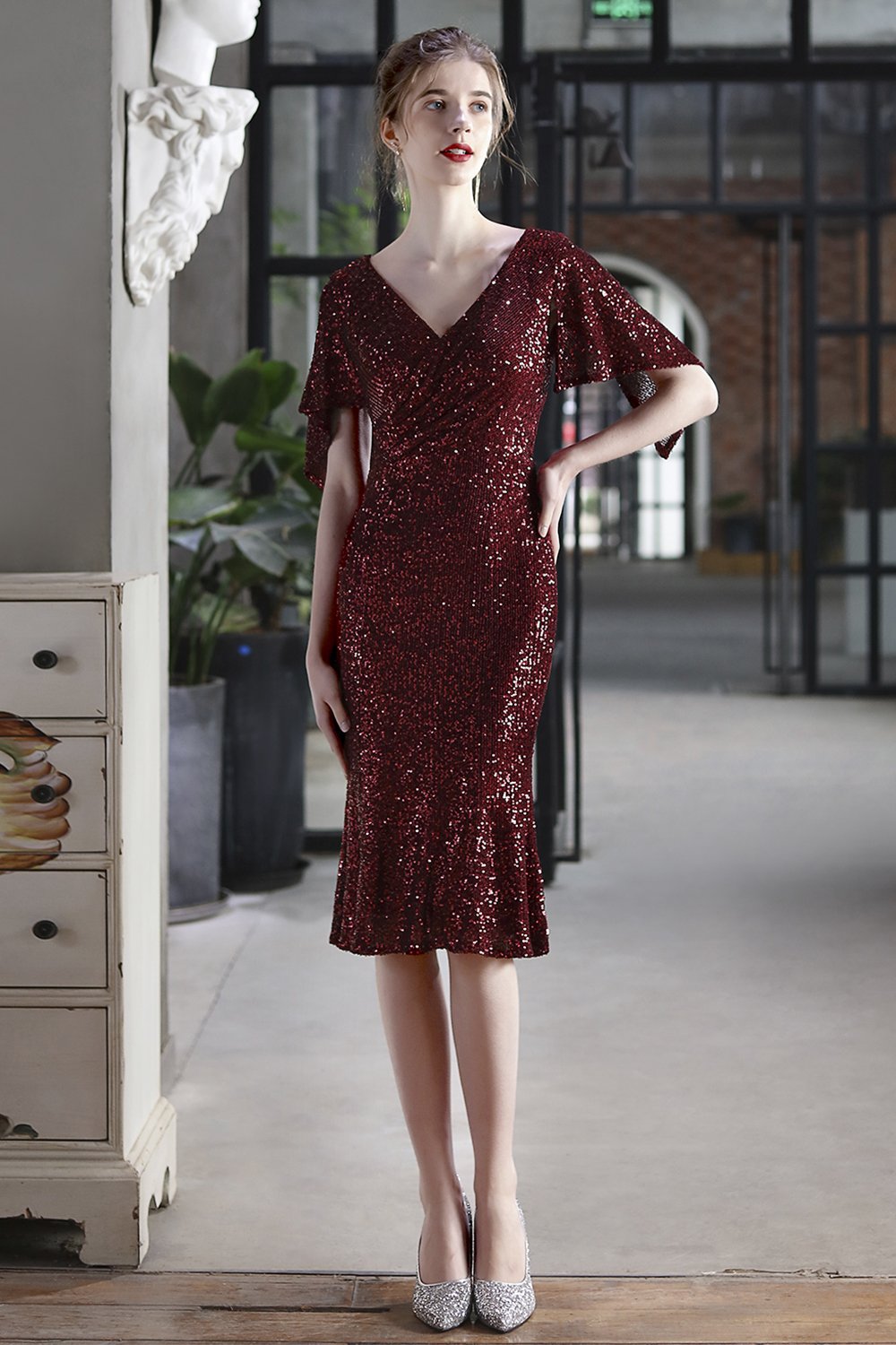 Abito formale di paillettes Midi bordeaux