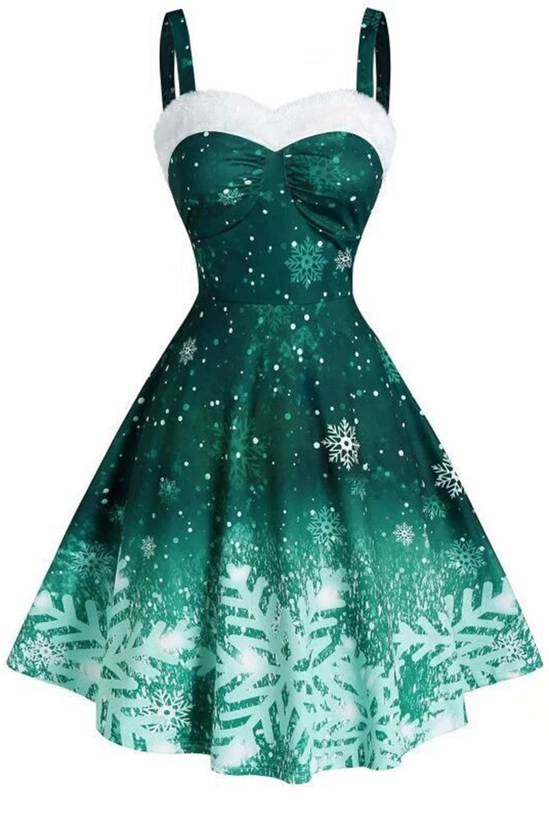Carica l&#39;immagine nel visualizzatore di Gallery, Green Christmas Snowflake Stampa Vintage Dress
