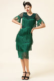Girocollo verde scuro perline Gatsby 1920s abito con frange