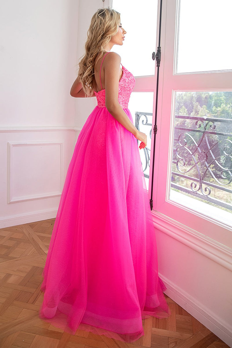 Carica l&#39;immagine nel visualizzatore di Gallery, Spaghetti a due pezzi Spalline Fucsia vestito da ballo con split frontale
