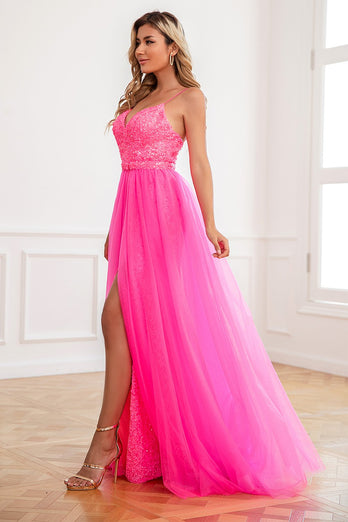 Spaghetti a due pezzi Spalline Fucsia vestito da ballo con split frontale