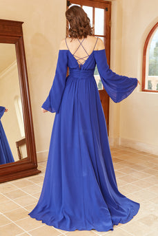 A Line Off the Shoulder Royal Blue Prom Dress con split front