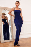 Sheath Spaghetti Straps Royal Blue Party Dress con split front