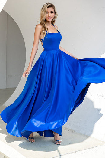 Royal Blue Backless Satin Prom Abito