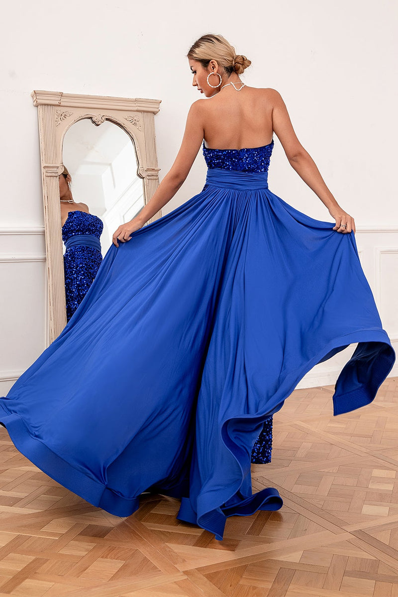 Carica l&#39;immagine nel visualizzatore di Gallery, Royal Blue Sequins Senza Spalline Prom Abito