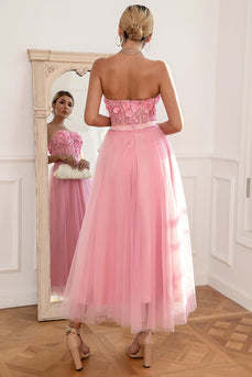 Splendido abito da ballo rosa senza spalline con applicazioni