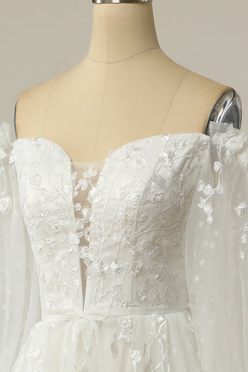Lussuoso A Line Off the Shoulder Abito da sposa bianco con applique