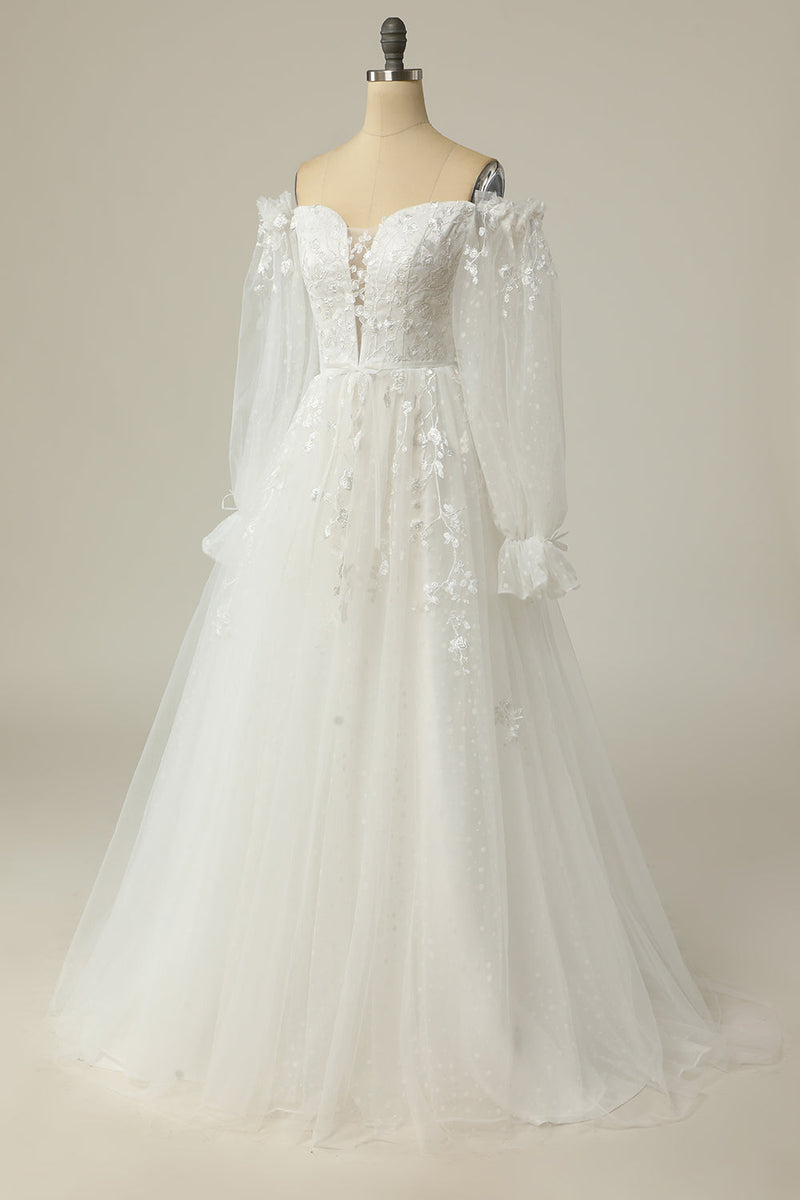 Carica l&#39;immagine nel visualizzatore di Gallery, Lussuoso A Line Off the Shoulder Abito da sposa bianco con applique