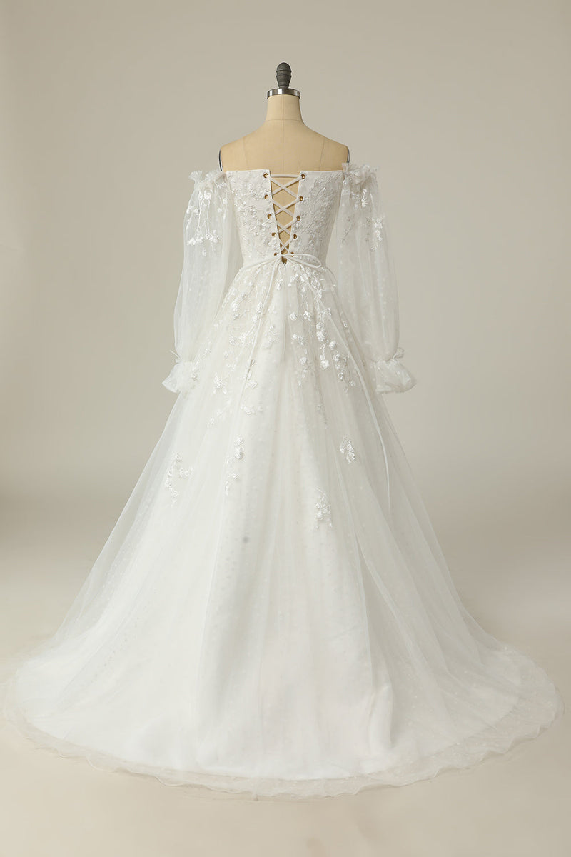 Carica l&#39;immagine nel visualizzatore di Gallery, Lussuoso A Line Off the Shoulder Abito da sposa bianco con applique
