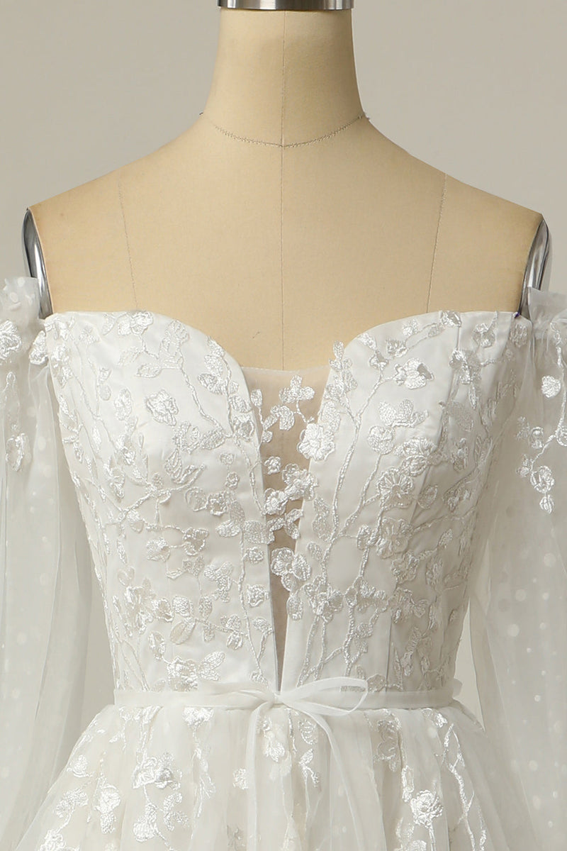 Carica l&#39;immagine nel visualizzatore di Gallery, Lussuoso A Line Off the Shoulder Abito da sposa bianco con applique