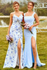 Carica l&#39;immagine nel visualizzatore di Gallery, Guaino Spaghetti Straps Blue Floral Print Abito lungo da damigella d&#39;onore con split frontale