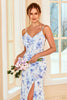 Carica l&#39;immagine nel visualizzatore di Gallery, Guaino Spaghetti Straps Blue Floral Print Abito lungo da damigella d&#39;onore con split frontale