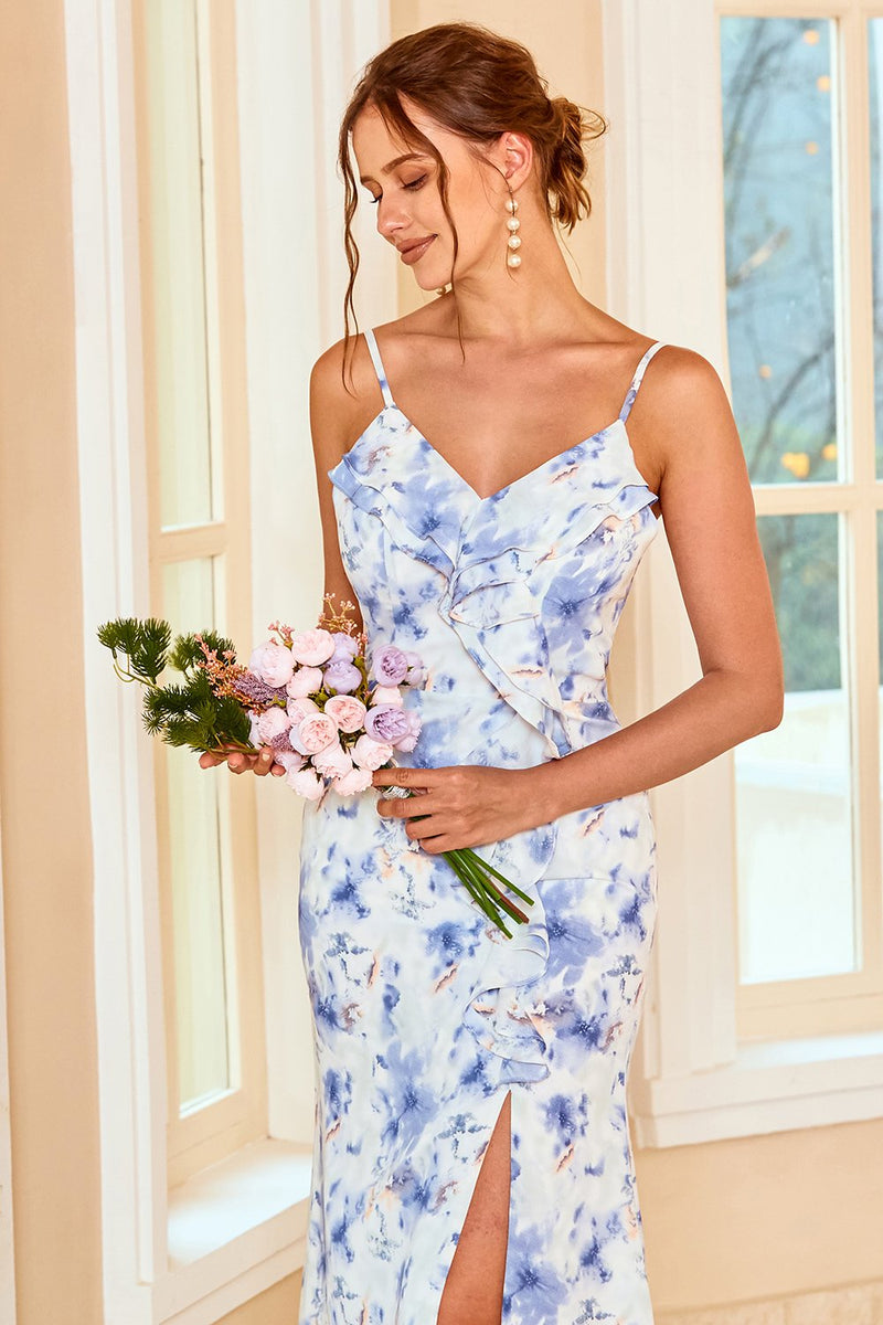 Carica l&#39;immagine nel visualizzatore di Gallery, Guaino Spaghetti Straps Blue Floral Print Abito lungo da damigella d&#39;onore con split frontale