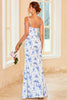 Carica l&#39;immagine nel visualizzatore di Gallery, Guaino Spaghetti Straps Blue Floral Print Abito lungo da damigella d&#39;onore con split frontale