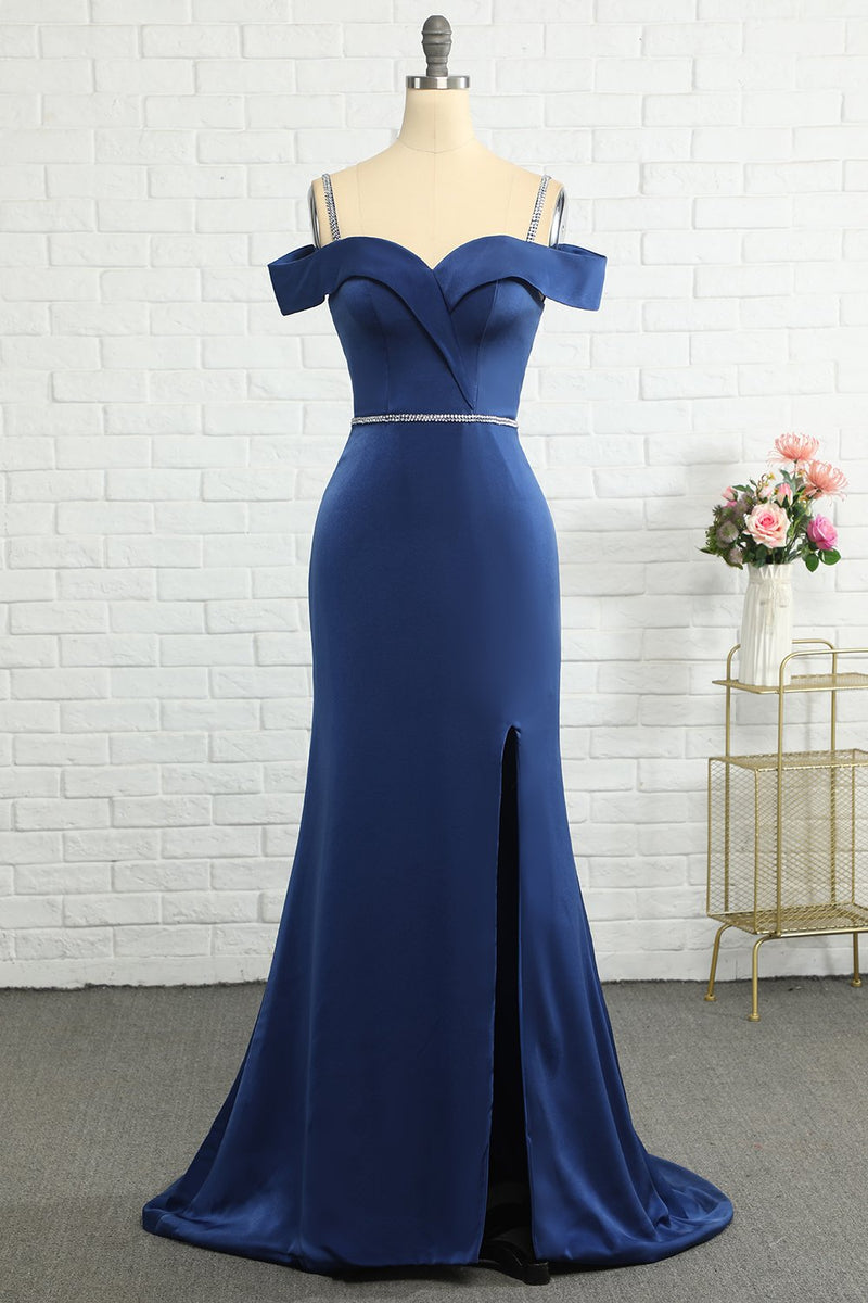 Carica l&#39;immagine nel visualizzatore di Gallery, Sirena Off the Shoulder Navy Abito da damigella d&#39;onore con perlina