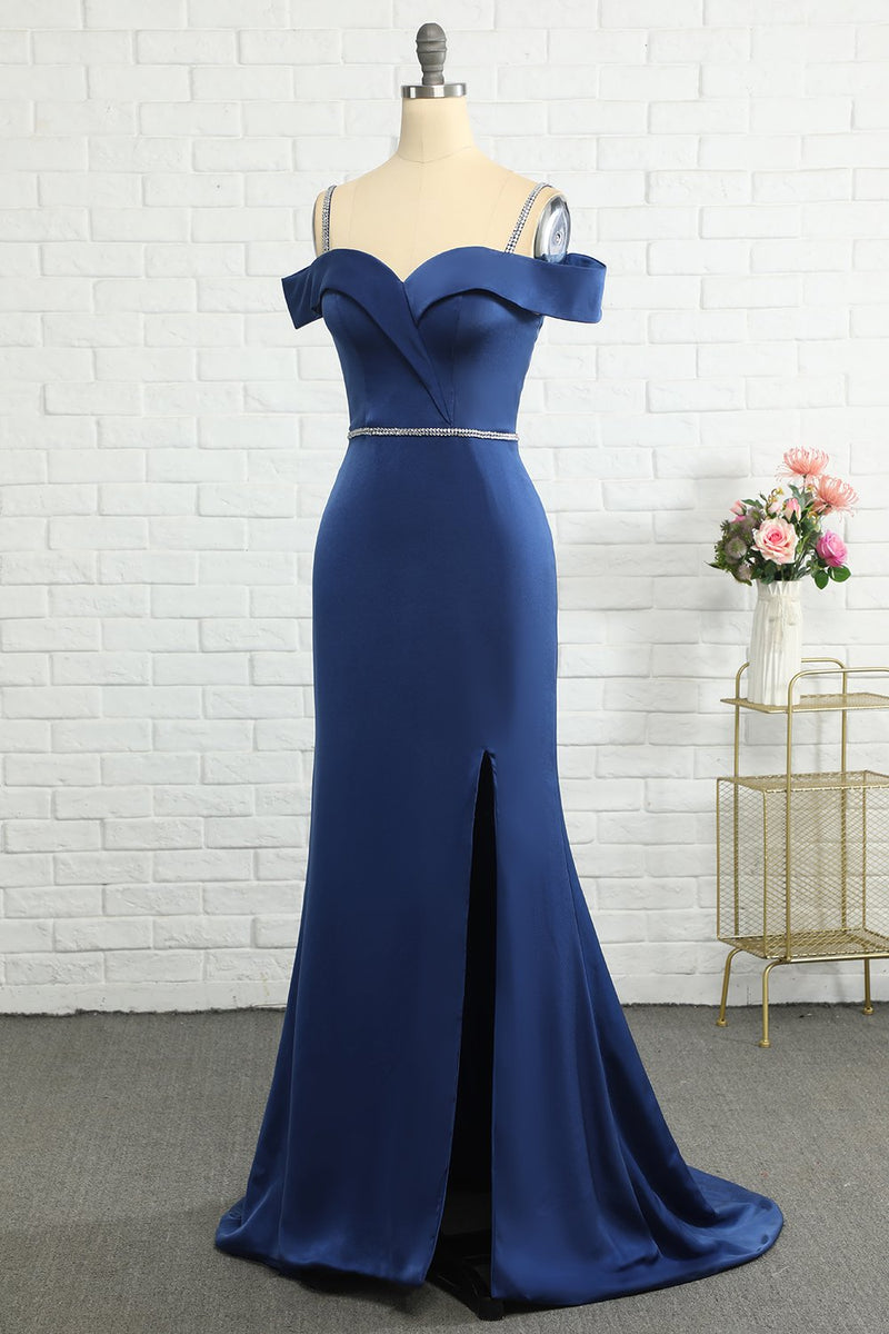 Carica l&#39;immagine nel visualizzatore di Gallery, Sirena Off the Shoulder Navy Abito da damigella d&#39;onore con perlina