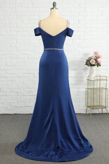 Sirena Off the Shoulder Navy Abito da damigella d'onore con perlina