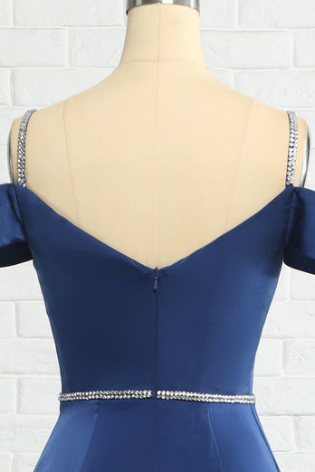 Sirena Off the Shoulder Navy Abito da damigella d'onore con perlina