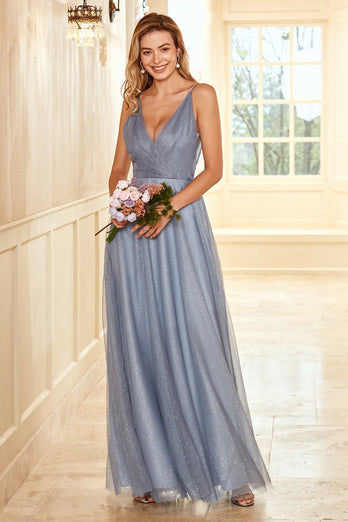 A Line Spaghetti Straps Grigio Blu Lungo Abito da Damigella d'Onore