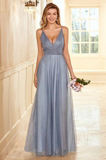 A Line Spaghetti Straps Grigio Blu Lungo Abito da Damigella d'Onore