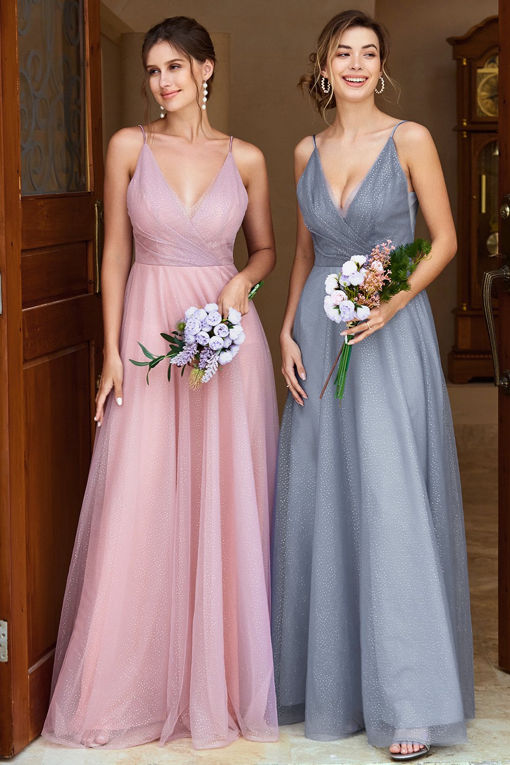 A Line Spaghetti Straps Grigio Blu Lungo Abito da Damigella d'Onore