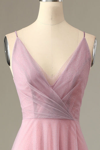 A Line Spaghetti Straps Grigio Rosa Abito da Damigella d'Onore