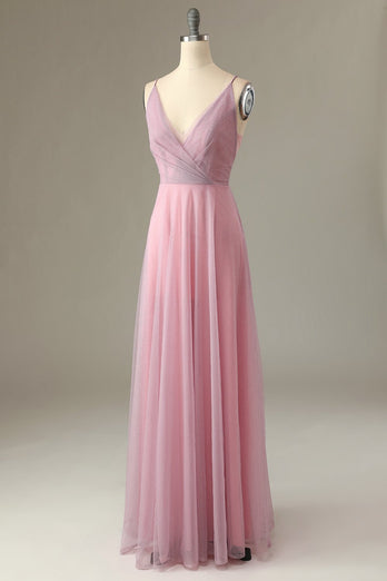 A Line Spaghetti Straps Grigio Rosa Abito da Damigella d'Onore