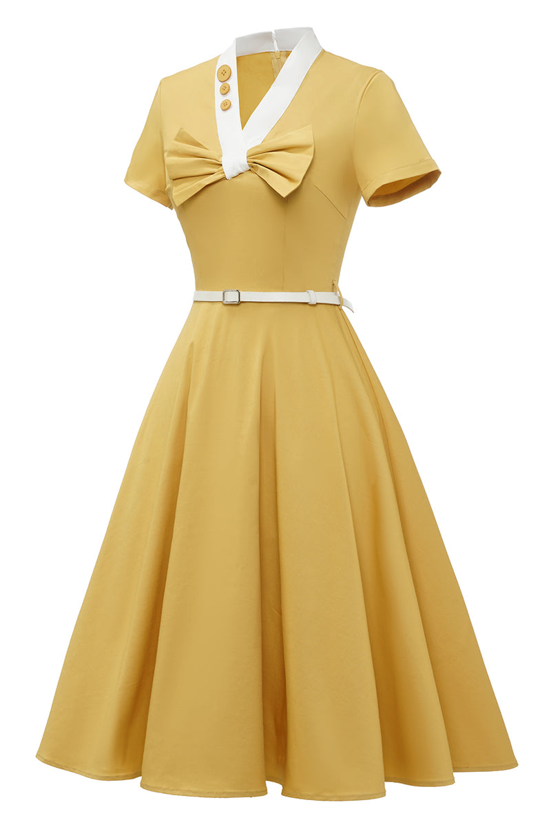 Carica l&#39;immagine nel visualizzatore di Gallery, Abito giallo in stile retrò del 1950 con bowknot