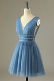 Glitter Grigio Blu Blu Tulle Short Prom Dress