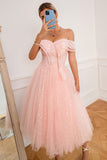 Pink Off Shoulder Hearts Prom Abito