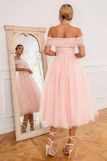 Pink Off Shoulder Hearts Prom Abito