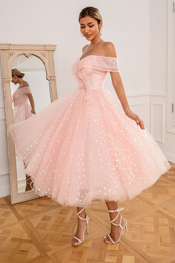 Pink Off Shoulder Hearts Prom Abito