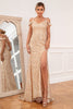 Carica l&#39;immagine nel visualizzatore di Gallery, Tubino off the shoulder Champagne Paillettes Party Dress con split front
