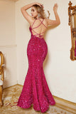 Hot Pink Sequin Mermaid Plus Size Prom Dress con Lac-up Back