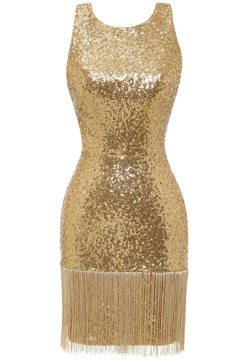 Carica l&#39;immagine nel visualizzatore di Gallery, Abito da cocktail aderente con paillettes dorate aperto sul retro