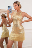 Paillettes Fringes Golden Cocktail Dress