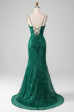 Sparkly verde scuro con paillettes in rilievo abito da ballo lungo con fessura